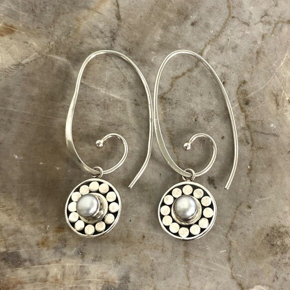 Sterling Silver 925 Signed Boma Round White Pearl Threader Dangle Earrings - Picture 2 of 16